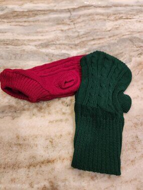 Set of 2 XXS dog cable sweaters in burgundy and dark green